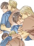  2boys bara blonde_hair blue_shirt blush brown_hair brown_shirt closed_eyes couple hug jack_krauser leon_s._kennedy looking_at_another male_focus multiple_boys muscular muscular_male open_mouth resident_evil resident_evil_4 resident_evil_4_(remake) shirt short_hair smile tatsumi_(psmhbpiuczn) yaoi 