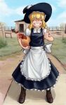  1girl absurdres apron bird black_headwear blonde_hair blue_sky braid brown_footwear chicken closed_eyes cloud commentary cross-laced_footwear english_commentary facing_viewer full_body grass hat highres kirisame_marisa meeshammybr outdoors short_sleeves side_braid single_braid sky smile standing thumbs_up touhou v-shaped_eyebrows waist_apron white_apron witch_hat 