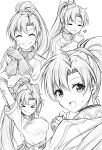  &gt;_&lt; 1girl breasts closed_eyes earrings fingerless_gloves fire_emblem fire_emblem:_the_blazing_blade gloves graphite_(medium) greyscale high_ponytail jewelry large_breasts long_hair looking_at_viewer looking_back lyn_(fire_emblem) monochrome multiple_views own_hands_together ponytail short_sleeves simple_background stretching sweatdrop ten_(tenchan_man) traditional_media turtleneck upper_body white_background 