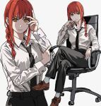  1girl black_pants chainsaw_man crossed_legs formal highres makima_(chainsaw_man) multiple_views orange_eyes pants red_hair ringed_eyes shiren_(ourboy83) shirt simple_background sitting swivel_chair white_background white_shirt 