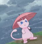  animal_focus blue_eyes blush cloud cloudy_sky holding holding_umbrella mew_(pokemon) no_humans open_mouth outdoors pokemon pokemon_(creature) rain red_umbrella sky standing umbrella zeruri 