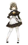  1girl absurdres alternate_costume apron arknights black_dress black_footwear black_skirt bow breasts brown_eyes brown_hair closed_mouth commentary_request dress earrings enmaided frilled_apron frills full_body hand_on_own_hip highres jewelry long_sleeves looking_at_viewer magallan_(arknights) maid maid_headdress multicolored_hair pantyhose shoes simple_background skirt small_breasts smile solo streaked_hair waist_apron white_apron white_background white_bow white_pantyhose zzq 