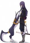  1boy bandages black_coat black_pants chain closed_eyes coat dog dog_tail highres long_hair pants petting purple_hair repede_(tales) sakusab_g simple_background smile sword tail tales_of_(series) tales_of_vesperia weapon white_background yuri_lowell 