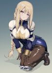  1girl absurdres agrias_oaks armor blonde_hair braid breastplate breasts final_fantasy final_fantasy_tactics full_body gauntlets gradient_background highres kneeling large_breasts long_hair looking_at_viewer shoulder_armor simple_background solo two-tone_eyes yuugo_(atmosphere) 