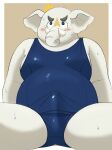  absurd_res anthro belly blush clothed clothing elephant elephantid embarrassed erection erection_under_clothing hi_res hizen_(tamacolle) male mammal moobs one-piece_swimsuit overweight proboscidean proboscis_(anatomy) school_swimsuit solo swimwear tamacolle trunk_(anatomy) tusks yaki_atsuage 