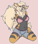  2022 absurd_res anthro arcanine blep bottomwear bra breasts canid canine cleavage clothed clothing female fluffy fluffy_tail full-length_portrait generation_1_pokemon hi_res husky_hangover kneeling mammal navel neck_tuft nintendo pink_bra pink_clothing pink_underwear pokemon pokemon_(species) pokemorph portrait shorts solo tail tongue tongue_out tuft underwear 