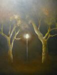  dark fog lamppost light mitzoka2001 night no_humans original painting_(medium) shadow traditional_media tree 