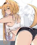  1girl animal_ears arknights arm_support armpit_peek ass ass_focus bare_shoulders bike_shorts black_hairband black_shorts blonde_hair blush breasts commentary_request cowboy_shot crop_top crossed_bangs from_behind green_eyes hair_between_eyes hairband highres horn_(arknights) indoors kyuu_(plastic_night_q) leaning_forward long_hair looking_at_viewer looking_back medium_breasts parted_lips shorts sideboob sidelocks solo stomach sweat tail tank_top thighs white_tank_top wolf_ears wolf_girl wolf_tail 