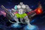  abs anthro barazoku biceps big_bulge big_muscles blue_eyes bulge claws clothing croconut detailed_background detailed_bulge digital_media_(artwork) digitigrade dominant dragon flamethrower front_view gatling_gun grey_body grin gun hi_res holding_gun holding_object holding_ranged_weapon holding_weapon huge_muscles hyper hyper_muscles kardukk kardukk_(artist) kobold machine_gun macro male male/male multicolored_body muscular muscular_anthro muscular_male paws pecs planet_destruction ranged_weapon reptile saturnawolf scalie smile solo standing teeth two_tone_body two_tone_tail underwear weapon white_body 