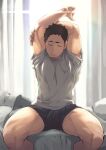  1boy 8_(yamalu) bara bed black_male_underwear bulge closed_eyes closed_mouth erection erection_under_clothes grey_shirt haikyuu!! highres indoors male_focus male_underwear muscular muscular_male on_bed sawamura_daichi shirt sitting solo stretching thick_thighs thighs underwear 