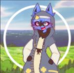  anstukoo blue_eyes blush bridget_(guilty_gear) clothing ears_through_headwear female fluffy generation_4_pokemon happy hood j0lt lucario nintendo open_mouth pokemon pokemon_(species) sky solo trans_(lore) trans_woman_(lore) 