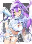  1girl absurdres border breasts cleavage ear_piercing floating_hair gloves green_eyes grin hair_between_eyes highres holding holding_megaphone hololive holster long_hair looking_at_viewer medium_breasts megaphone micro_shorts midriff navel navel_piercing outside_border piercing purple_hair ribbon see-through see-through_sleeves shorts smile solo stomach tate_yukimi thigh_holster tokoyami_towa twitter_username very_long_hair virtual_youtuber white_border white_gloves white_ribbon white_shorts 