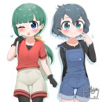  2girls absurdres animal_ears bag black_hair blue_eyes blush chis_(js60216) cosplay costume_switch gloves green_eyes green_hair highres kaban_(kemono_friends) kemono_friends kemono_friends_r long_hair looking_at_viewer multiple_girls one_eye_closed overalls pantyhose ponytail red_shirt shirt short_hair shorts smile tomoe_(kemono_friends)_(niconico88059799) tongue tongue_out 