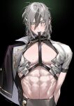  1boy abs arms_behind_back black_background black_hair grey_hair hair_between_eyes highres looking_at_viewer male_focus mole mole_under_mouth mouth_hold multicolored_hair nipple_slip nipples nu_carnival open_clothes pectorals rei_(nu_carnival) simple_background solo sonomi strap streaked_hair toned toned_male twitter_username upper_body 