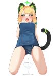  1girl alternate_costume animal_ear_headphones animal_ears blonde_hair blue_archive blue_one-piece_swimsuit blush bow breasts cat_ear_headphones cat_tail commentary_request cup drinking_glass dripping fake_animal_ears from_below green_bow green_eyes green_halo hair_bow halo hand_to_own_mouth headphones highres kneeling low_tied_sidelocks medium_breasts medium_hair midori_(blue_archive) old_school_swimsuit one-piece_swimsuit open_mouth school_swimsuit simple_background solo swimsuit tail teruisi white_background wine_glass 