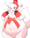  2023 2_fingers ?! ambiguous_gender anthro belly big_belly black_eyes blush bodily_fluids cheek_tuft claws cute_fangs emanata eyebrows eyelashes facial_tuft featureless_crotch fingers fur generation_3_pokemon hi_res looking_down multicolored_body multicolored_fur navel neck_tuft nintendo nude open_mouth pink_nose pokemon pokemon_(species) red_body red_fur rokacake shaded simple_background solo speech_bubble sweat tongue tuft two_tone_body two_tone_fur white_background white_body white_fur zangoose 