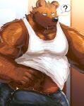  2023 anthro bear belly bodily_fluids brown_body brown_ears brown_fur bulge clothing drooling fur genital_outline male mammal navel nullraihigi overweight overweight_anthro overweight_male penis_outline question_mark saliva solo speech_bubble topwear white_clothing white_topwear 