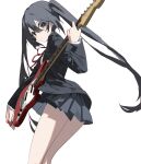  1girl absurdres black_eyes black_hair black_jacket black_skirt blazer blue_archive blush closed_mouth commentary feet_out_of_frame guitar hair_between_eyes highres holding holding_instrument holding_plectrum instrument jacket k-on! legs_together long_hair looking_at_viewer miniskirt nakano_azusa neck_ribbon pleated_skirt plectrum qtian red_ribbon ribbon school_uniform sidelocks simple_background skirt smile solo thighs twintails very_long_hair white_background 