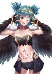  1girl ;d absurdres aqua_hair armpits arms_up bandeau black_feathers black_shorts breasts claws collar cowboy_shot fang feathered_wings feathers harpy highres indie_virtual_youtuber lincoro looking_at_viewer midriff monster_girl navel one_eye_closed open_mouth red_eyes sahara1127 short_hair short_shorts short_twintails shorts simple_background small_breasts smile solo stomach stomach_tattoo strapless tattoo tiara tube_top twintails virtual_youtuber white_background wings 