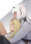  1boy 1girl animal_ears between_legs black_hairband black_thighhighs blonde_hair blue_eyes buckle caenis_(fate) casual cropped_jacket cuddling dark-skinned_female dark_skin dated extra_ears fate/grand_order fate_(series) from_side gradient_background hair_intakes hairband hand_on_another&#039;s_head horse_ears hug hug_from_behind jacket kirschtaria_wodime leaning_back long_hair looking_ahead nail_polish parted_lips ponytail profile purple_eyes sabamori shirt simple_background single_thighhigh sitting studded_jacket thighhighs white_hair white_jacket white_nails white_shirt 