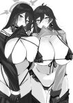  2girls absurdres bikini blue_archive blush breast_press breasts choker cleavage clothes_lift clothes_pull crossover earrings frills genderswap genderswap_(mtf) genshin_impact gloves greyscale hair_between_eyes halo hasumi_(blue_archive) highres huge_breasts jewelry lifted_by_self long_hair looking_at_viewer micro_bikini mole mole_under_eye monochrome mouth_hold mouth_pull multiple_girls nipio sailor_collar simple_background single_earring swimsuit zhongli_(genshin_impact) 