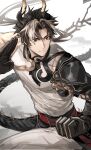  0_0himawa 1boy arknights armor belt black_hair black_skin chong_yue_(arknights) clenched_hand cloud colored_skin commentary_request dragon_boy dragon_horns dragon_tail fighting_stance grey_hair hand_up highres horns korean_commentary long_hair looking_at_viewer male_focus mixed-language_commentary multicolored_hair pants ponytail red_belt red_eyes serious shirt shoulder_armor simple_background solo streaked_hair tail tassel toned toned_male white_background white_pants white_shirt 