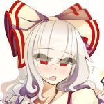  1girl ? blush bow burnt_clothes burnt_hair close_up commentary crying fire fujiwara_no_mokou hair_bow kaliningradg long_hair open_mouth red_eyes shirt solo streaming_tears tears teeth touhou upper_teeth_only white_hair white_shirt 
