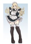  1girl alternate_costume apron atago_(kancolle) black_dress black_footwear black_gloves blonde_hair boots cross-laced_footwear dress enmaided frilled_apron frilled_dress frills full_body garter_straps gloves green_eyes highres kantai_collection lace-up_boots long_hair maid maid_headdress mochizou smile solo thigh_boots w_arms white_apron 