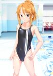  1girl absurdres black_one-piece_swimsuit breasts brown_eyes commentary_request competition_swimsuit covered_navel double_vertical_stripe feet_out_of_frame hand_on_own_hip highleg highleg_swimsuit highres idolmaster_cinderella_girls_u149 long_hair looking_at_viewer one-piece_swimsuit orange_hair photo_background ponytail pool poolside sidelocks small_breasts solo swimsuit takafumi yuuki_haru 