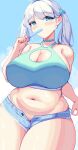  1girl blue_eyes blue_shorts blue_sky blush breasts cleavage commentary food_in_mouth hair_bobbles hair_ornament highres huge_breasts looking_at_viewer medium_hair navel original outdoors piao_mao pixel_art plump popsicle_in_mouth short_shorts shorts sky solo tank_top two_side_up white_hair 