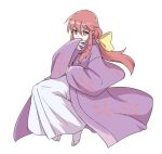  1girl commentary_request itani_illust japanese_clothes kimono kotohime_(touhou) long_hair long_sleeves looking_at_viewer purple_kimono red_eyes red_hair sidelocks simple_background solo touhou touhou_(pc-98) white_background wide_sleeves 