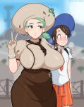  2girls afrobull age_difference alternate_breast_size apron ascot belly blush braid breasts brown_ascot brown_hair brown_skirt buttons collared_shirt confused covered_nipples curvy gloves green_eyes green_hair hat height_difference highres huge_breasts juliana_(pokemon) katy_(pokemon) light_green_hair long_hair mature_female mole mole_on_cheek multiple_girls naranja_academy_school_uniform necktie nervous_smile open_mouth plump pokemon pokemon_(game) pokemon_sv puffy_short_sleeves puffy_sleeves school_uniform shirt short_sleeves side_ponytail skirt smile 