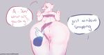  anthro anus assisted_exposure bent_over bone bovid butt caprine claws clothing dialogue duo female genitals glistening glistening_body goat horn humanoid looking_back male male/female mammal nsfwbunniii pupils pussy red_pupils sans_(undertale) short_tail skeleton speech_bubble surprise swimwear tail text toriel undertale_(series) 