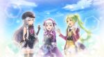  3girls ahoge altina_orion antenna_hair beret blue_sky bob_cut bow braid camera dress eiyuu_densetsu falcom flower gloves green_hair grey_hair hair_bow hair_flower hair_ornament hajimari_no_kiseki hat heterochromia holding holding_camera holding_stuffed_toy kea_(eiyuu_densetsu) lapis_rosenberg long_hair multiple_girls official_art outdoors sky stuffed_animal stuffed_rabbit stuffed_toy sun_glare twin_braids twintails white_hair 