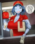 1girl blue_eyes blue_hair blue_skin breasts cleavage colored_skin dismaiden drive-thru elden_ring employee_uniform english_text extra_arms fast_food fast_food_uniform food happy_meal headset huge_breasts ice_cream large_breasts looking_at_viewer mcdonald&#039;s microphone open_mouth polo_shirt ranni_the_witch red_shirt shirt short_sleeves solo source_request unbuttoned unbuttoned_shirt uniform 