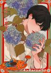  1boy absurdres bishounen black_eyes black_hair blue_flower border branch buttons closed_mouth collared_shirt commentary_request dress_shirt fingernails fish flower hand_up highres hydrangea kagoya1219 leaf looking_at_viewer male_focus original outside_border red_border shirt short_hair signature smelling smelling_flower solo translation_request upper_body watering_can white_shirt 