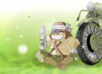  1970s_(style) 1boy alcohol bandana belt boots bottle brown_hair drunk facial_hair falling_leaves fat glasses grass grin happy imperial_japanese_army leaf long_hair matsumoto_leiji_(style) military military_uniform motor_vehicle motorcycle mustache official_style pfc_kodai retro_artstyle sake sitting smile soldier the_cockpit the_cockpit:_knight_of_the_iron_dragon tire uniform 
