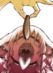  1girl animal_collar animal_ears aohada_bocchi closed_eyes collar demon_girl eating feeding food food_on_hand ganko_(aohada_bocchi) hand_up hatching_(texture) highres meat open_mouth sharp_teeth sketch teeth tongue tongue_out twintails upper_body wolf_girl zyugoya 