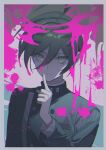  1boy ahoge black_hair black_jacket blood border brown_eyes buttons danganronpa_(series) danganronpa_v3:_killing_harmony grey_background grey_border hair_between_eyes hand_up index_finger_raised jacket liliy1191 long_sleeves pink_blood saihara_shuuichi short_hair solo striped striped_jacket teeth 