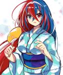  1girl alear_(female)_(fire_emblem) alear_(fire_emblem) alternate_costume blue_eyes blue_hair blue_kimono crossed_bangs fire_emblem fire_emblem_engage hair_between_eyes hand_fan heterochromia holding holding_fan japanese_clothes kimono long_bangs long_hair long_sleeves looking_at_viewer multicolored_hair obi paper_fan parted_lips red_eyes red_hair sash solo sorakaza tiara two-tone_hair upper_body wide_sleeves 