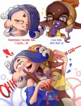  2girls @_@ absurdres aroused biting blue_tongue colored_tongue dark-skinned_female dark_skin drooling english_text fangs frye_(splatoon) hand_on_another&#039;s_face heart highres how_i_taste_(meme) ink leyko licking_lips meme multiple_girls neck_biting open_mouth pointy_ears shiver_(splatoon) splatoon_(series) splatoon_3 tentacle_hair tongue tongue_out upper_body yuri 