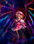  1girl ascot blonde_hair dark_background flandre_scarlet frilled_shirt_collar frilled_skirt frilled_sleeves frills full_body hair_between_eyes hat hat_ribbon head_tilt large_wings looking_at_viewer mary_janes medium_hair mob_cap multicolored_wings open_mouth puffy_short_sleeves puffy_sleeves red_eyes red_footwear red_ribbon red_skirt red_vest ribbon shirt shoes short_sleeves skirt skirt_set socks solo teeth touhou upper_teeth_only vest white_headwear white_shirt white_socks wings yellow_ascot yt-nagi 