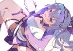  1girl bandaid_on_thigh belt black_jacket black_shorts blue_jacket bronya_rand brown_eyes crop_top curly_hair eyewear_on_head grey_belt grey_hair highres holding holding_phone honkai:_star_rail honkai_(series) jacket looking_at_viewer mochizuki_mochi multicolored_clothes multicolored_jacket open_mouth phone shirt shorts side_ponytail smile solo thigh_strap white_shirt 