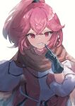  1girl anna_(fire_emblem) black_gloves brown_cape cape cola_bcde commentary dress fire_emblem fire_emblem_engage gloves grin long_hair long_sleeves looking_at_viewer pink_eyes pink_hair ponytail smile solo two-tone_dress upper_body white_dress 