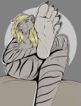 5_toes absurd_res anthro blonde_hair blue_eyes feet felid female hair hi_res long_hair low-angle_view mammal nude nyla_(whitekitteh) pantherine robinthefox slightly_chubby soles solo tiger toes trans_(lore) trans_woman_(lore) 