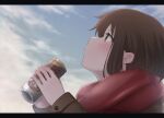  1girl 46_crt absurdres blue_sky brown_coat brown_eyes brown_hair can canned_coffee cloud coat commentary_request drink highres holding holding_can holding_drink letterboxed long_sleeves original red_scarf scarf scenery sky solo winter 