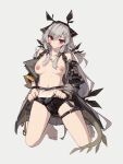  1girl absurdres arknights bare_shoulders barefoot black_panties blush breasts closed_mouth commentary english_commentary full_body grey_background grey_hair grey_jacket highres jacket kneeling long_hair long_sleeves looking_at_viewer medium_breasts navel nipples open_clothes open_jacket panties red_eyes see-through simple_background solo tail togekk0 underwear weedy_(arknights) 