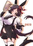  1girl 2023 alternate_animal_ears alternate_costume animal_ears bandaid bandaid_on_face black_gloves black_hair black_necktie black_shorts black_vest blush boots breasts chinese_zodiac collared_shirt drop_shadow gloves grin hagoita hane_(hanetsuki) hanetsuki high_heel_boots high_heels highres holding holding_paddle horse_tail kamaboco_(kayada) large_breasts long_sleeves navel necktie new_year one_eye_closed paddle rabbit_ears red_eyes shirt short_hair short_shorts shorts smile solo tail thigh_boots thighhighs umamusume v-shaped_eyebrows vest white_shirt white_thighhighs winning_ticket_(umamusume) year_of_the_rabbit 