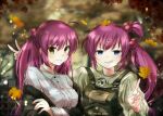 2girls ahoge autumn autumn_leaves blue_eyes blurry blurry_background blush casual center_frills closed_mouth commentary_request dappled_sunlight double_v fence forest frills futaki_kanata green_overalls green_shirt grin hair_bobbles hair_ornament hairclip half_updo leaf leaf_on_head little_busters! long_hair long_sleeves looking_at_viewer multiple_girls nature off_shoulder one_side_up outdoors ponytail saigusa_haruka shirt siblings side_ponytail sisters smile smirk straight-on sunlight tagame_(tagamecat) twins upper_body v v-shaped_eyebrows white_shirt yellow_eyes 