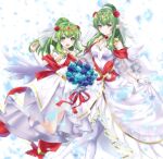  2girls bare_shoulders bouquet bridal_veil closed_mouth commentary_request detached_sleeves dress fire_emblem fire_emblem:_mystery_of_the_emblem fire_emblem_awakening fire_emblem_heroes flower gloves green_eyes green_hair hair_between_eyes hair_flower hair_ornament highres holding holding_bouquet jewelry kakiko210 long_hair looking_at_viewer multiple_girls official_alternate_costume open_mouth petals pointy_ears ponytail red_flower red_rose rose smile tiki_(adult)_(bridal)_(fire_emblem) tiki_(adult)_(fire_emblem) tiki_(fire_emblem) tiki_(young)_(bridal)_(fire_emblem) tiki_(young)_(fire_emblem) veil wedding_dress white_background white_dress white_gloves white_sleeves 
